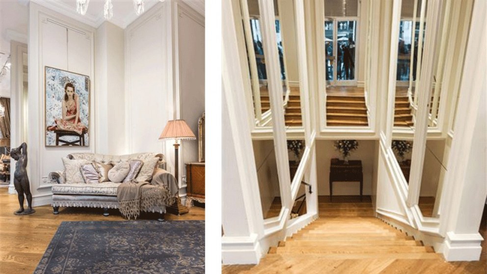 Classic furniture showroom | Mirrored staircase | Interior Designers