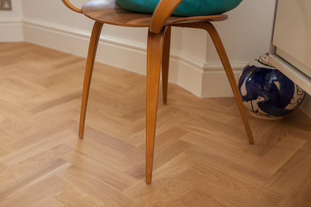 Kensington Basement | Natural oak herringbone wood floor | Interior Designers