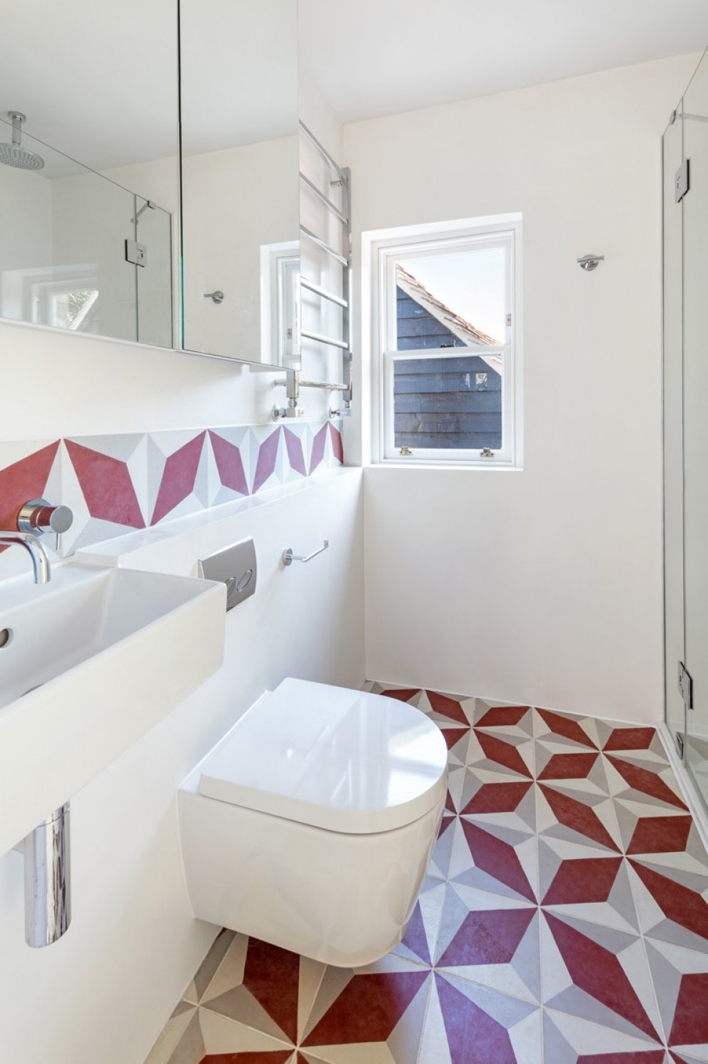Yew Tree Cottage | Red Geometric Bathroom | Interior Designers