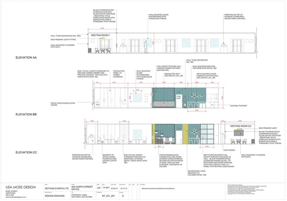 Rethink Events - Workplace Design | Long Sectional Elevation drawing | Interior Designers