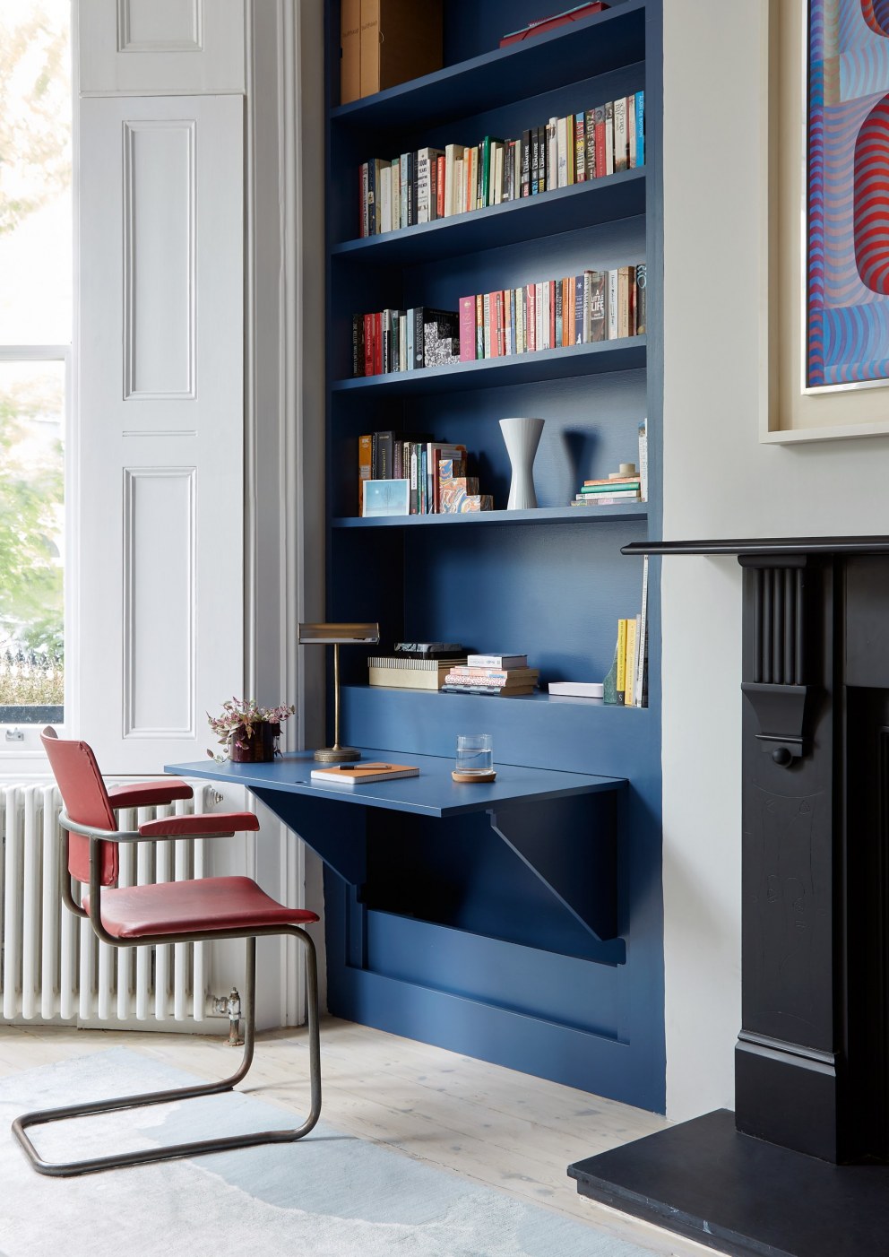 Victorian Terrace, Brockley | Blue shelving & new desk, vintage chair | Interior Designers