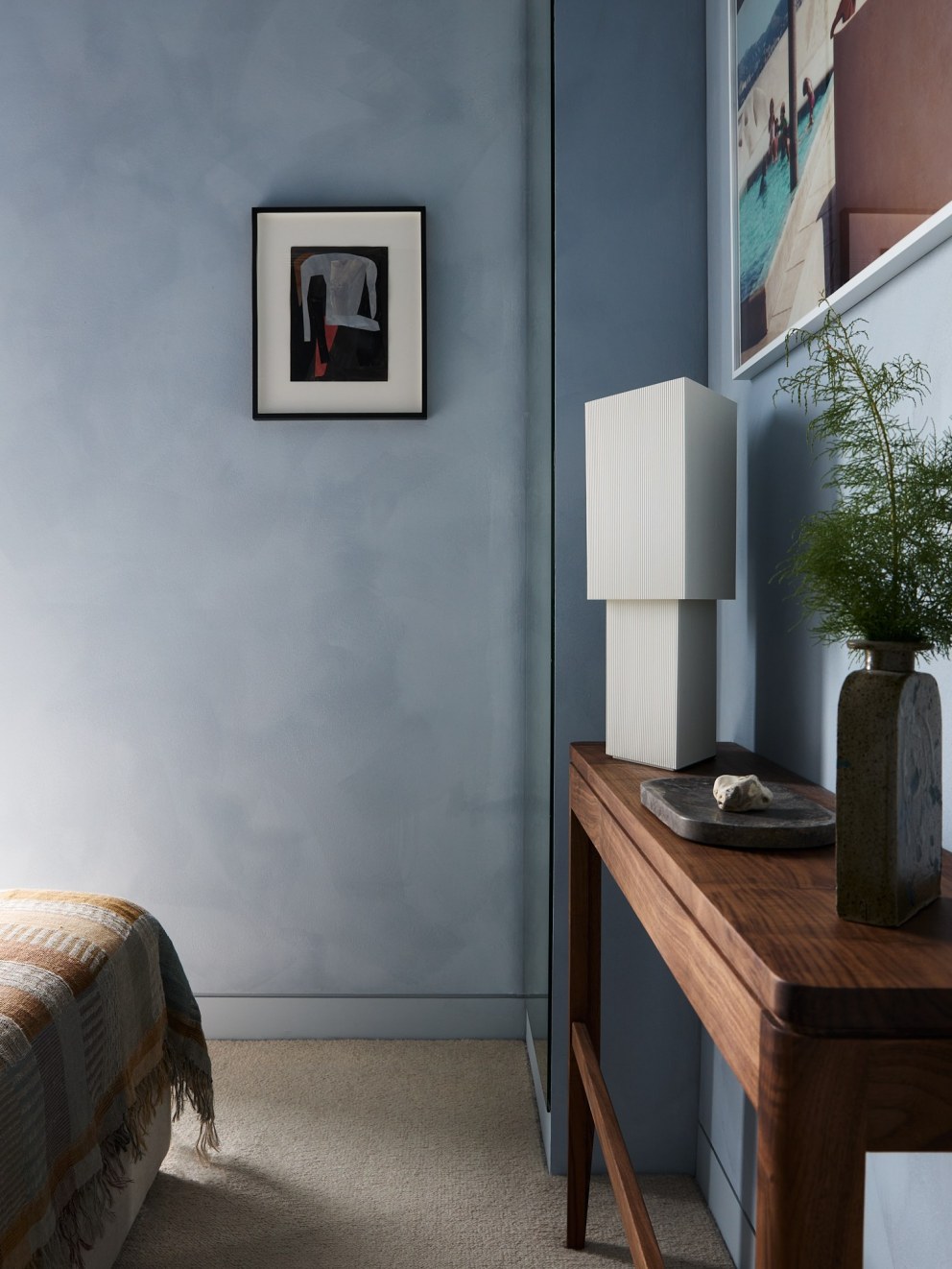 Bankside Apartment | Blue bedroom with Bauwerk limewash walls | Interior Designers