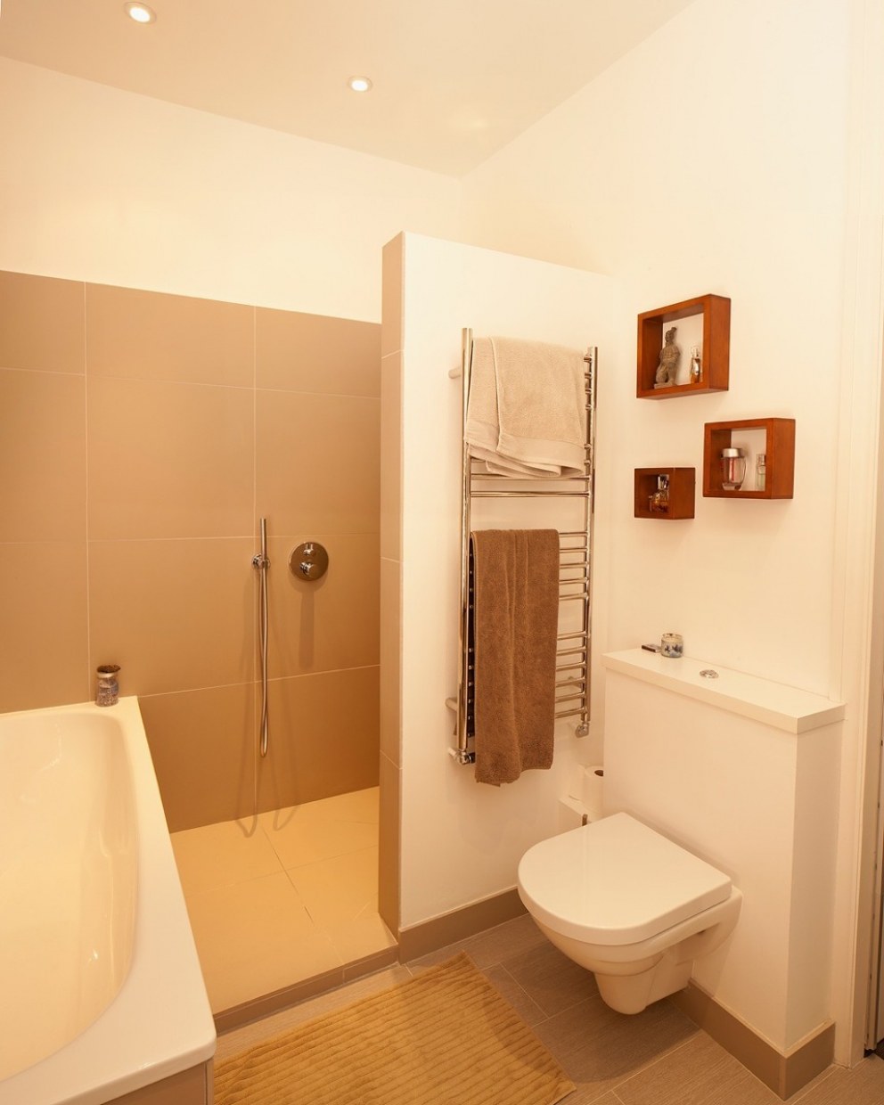 Bathroom with a tropical twist | wood box shelves | Interior Designers