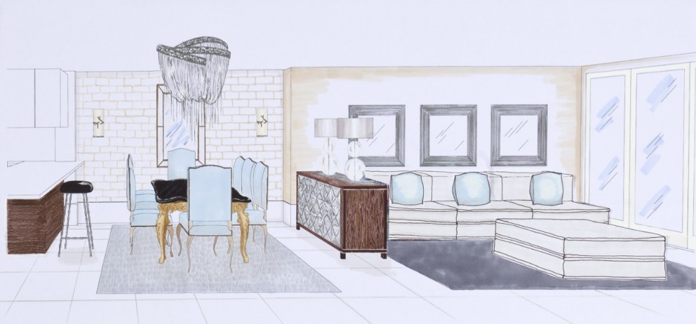 Perspective Drawing Kitchen Dining Room Family Room