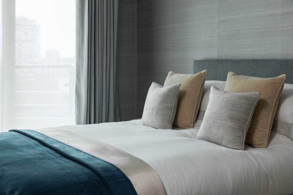 Vauxhall Riverside Apartment | Bedroom: Blues and Greys | Interior Designers