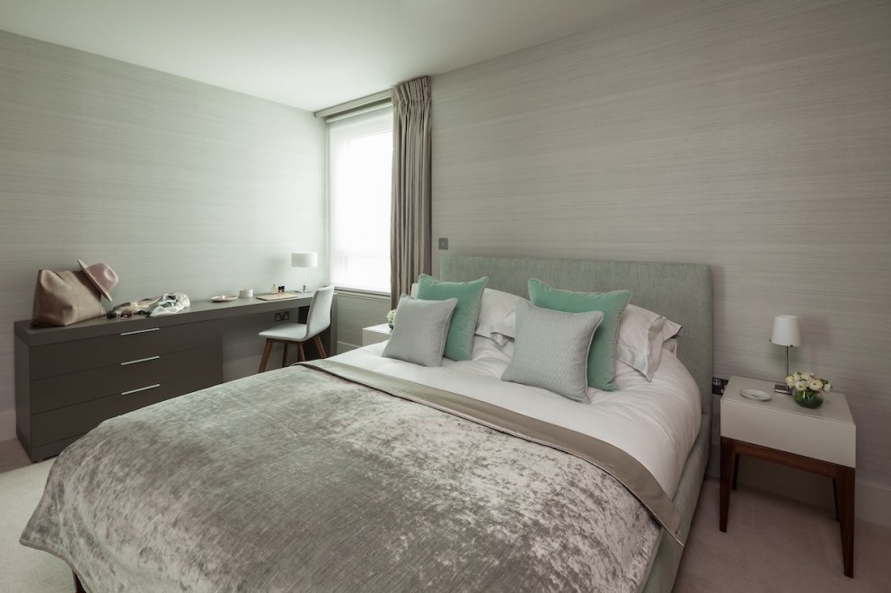 Vauxhall Riverside Apartment | Bedroom: Mint and Eucalyptus  | Interior Designers