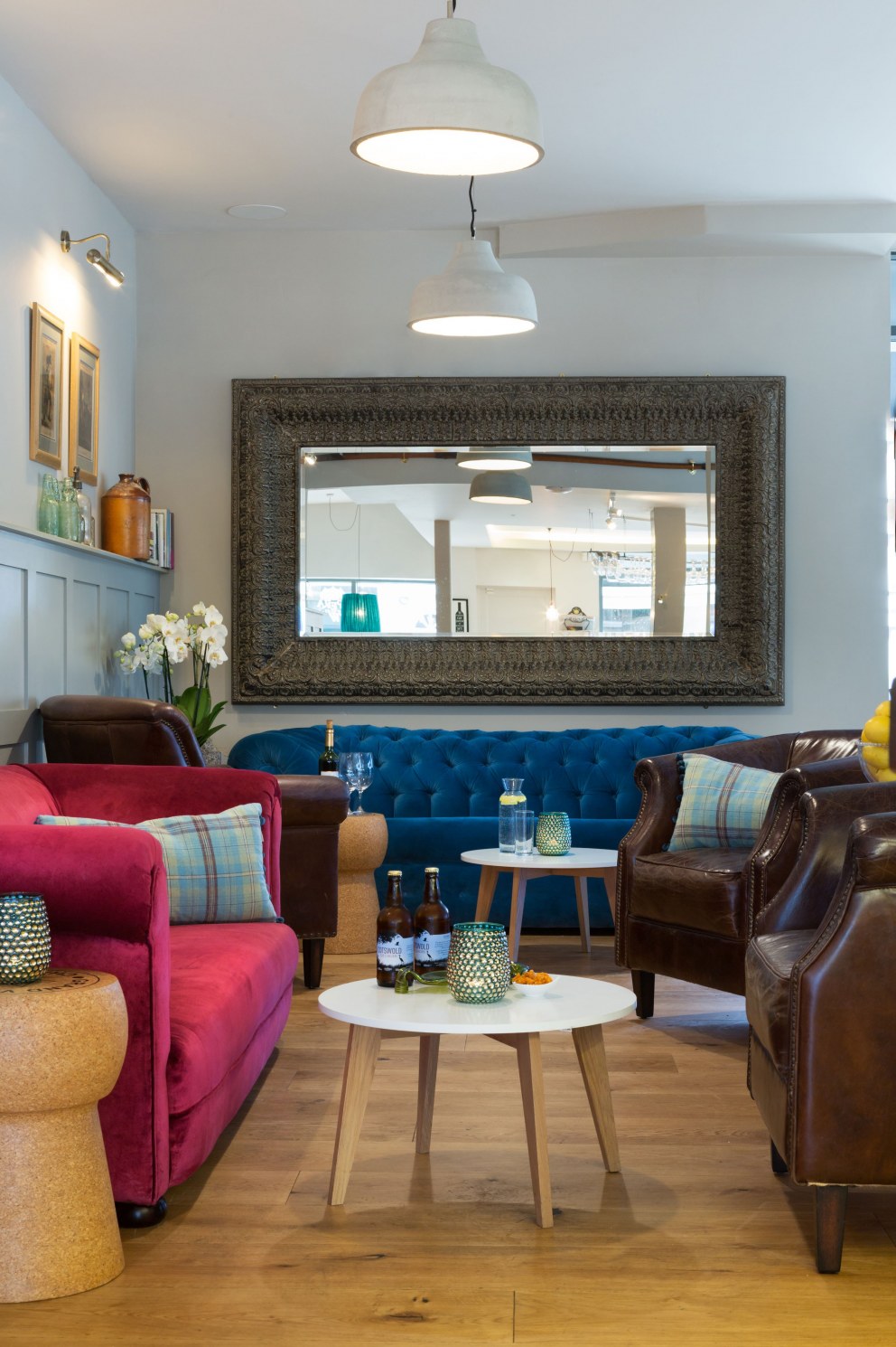 The Oxford Wine Cafe | Back bar sofa area, with large mirror to make the room feel more spacious | Interior Designers
