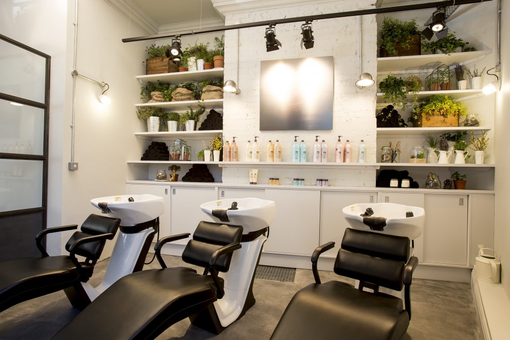 George Northwood's Hair Salon, Fitzrovia | Ground floor backwash with spa area and shelving with plants and herbs | Interior Designers