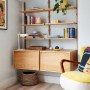 Tressillian Road | Bespoke shelving & bright yellow chair for client's home office | Interior Designers