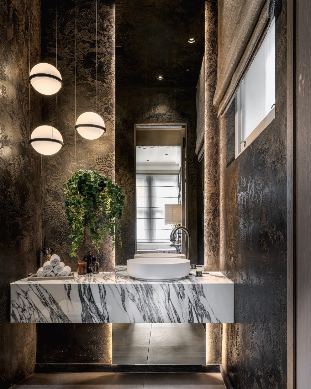 Moody powder room / Wimbledon Village Townhouse - InteriorDesigners.net