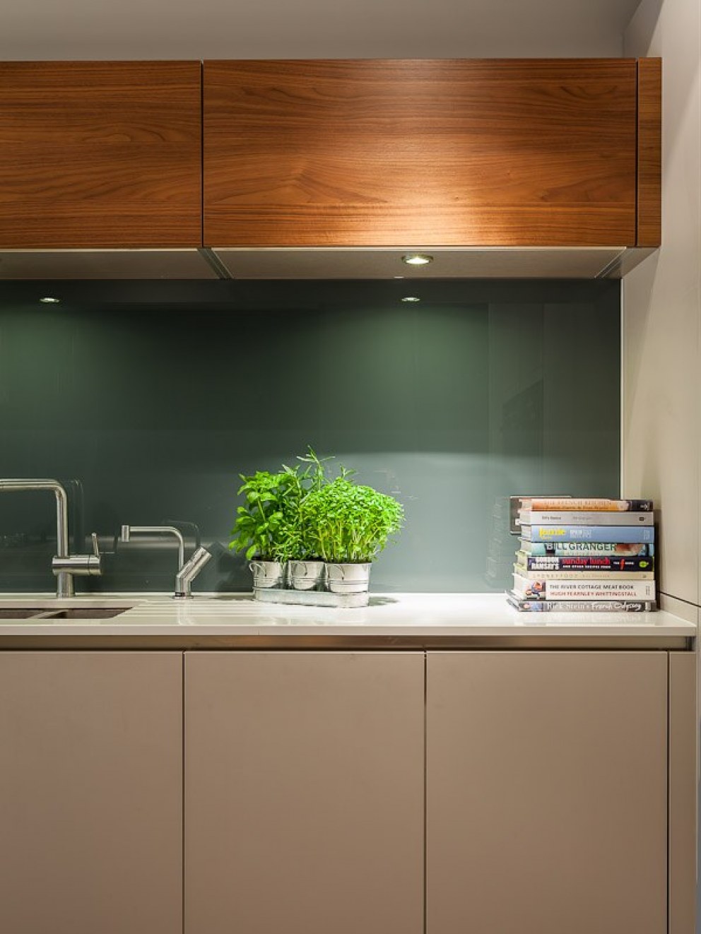 Kingston Basement Kitchen | Contemporary Kitchen - mixed use of walnut and painted units | Interior Designers