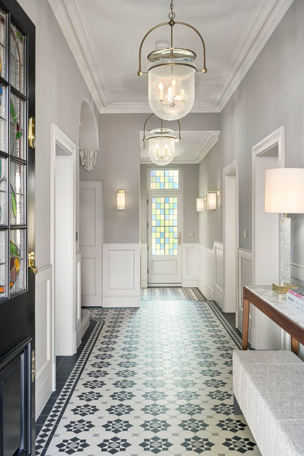 West London Victorian  Family Home  | Entrance Hallway with victorian floor tiles  | Interior Designers