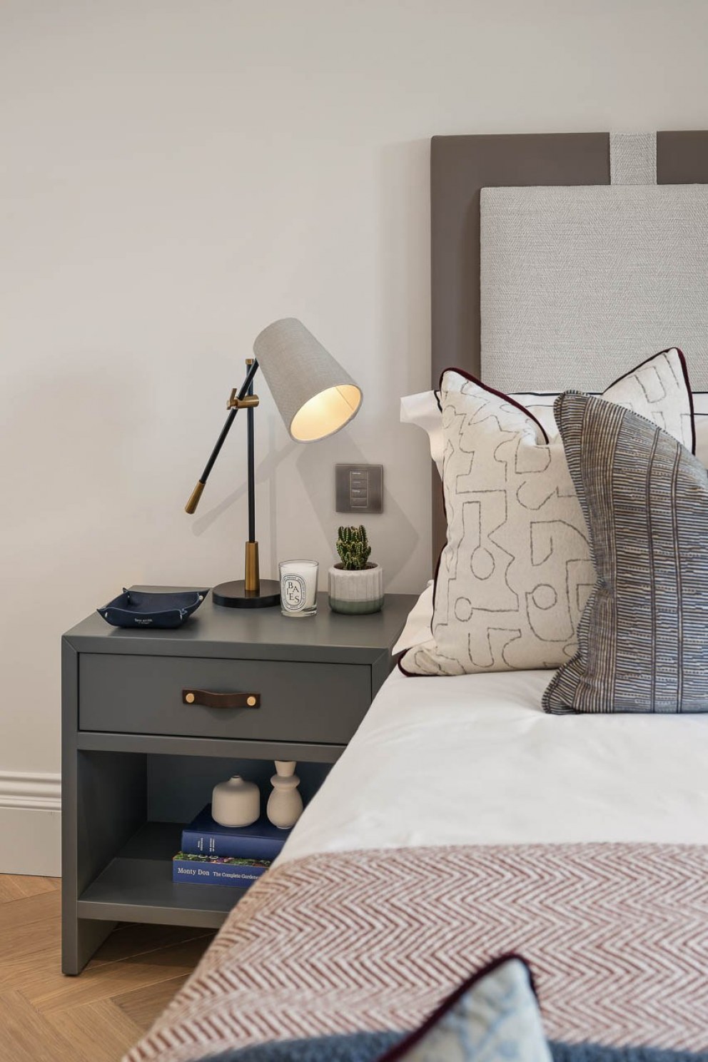 West London Victorian  Family Home  | Bedroom headboard and side table  | Interior Designers